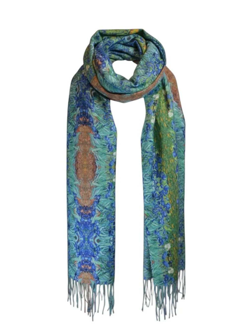 Van Gogh Irises Reversible Scarf Blue Green Fringe 100% Viscose 78x27 New